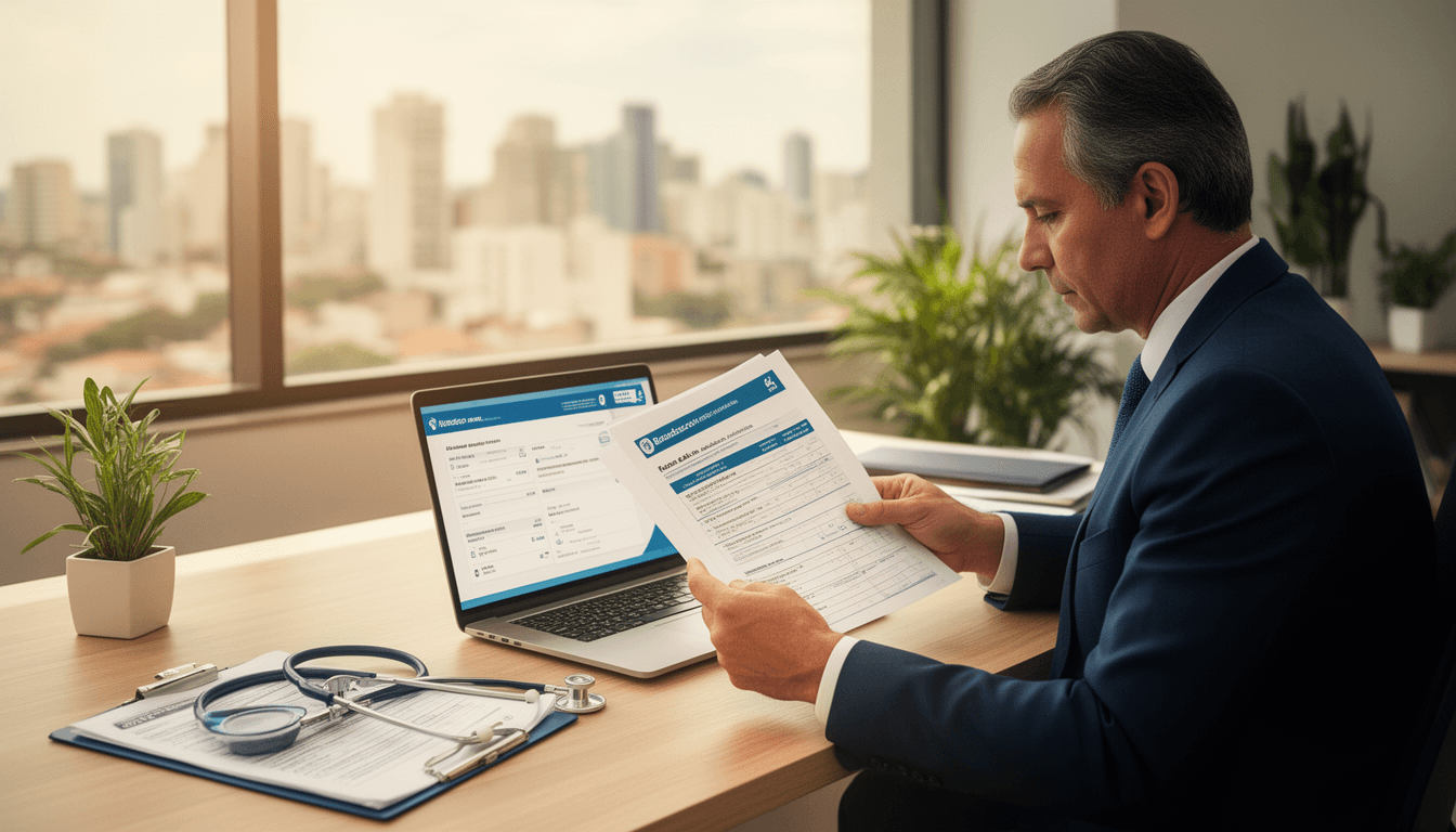 Empresário analisando documentos de plano de saúde em escritório moderno com laptop aberto
